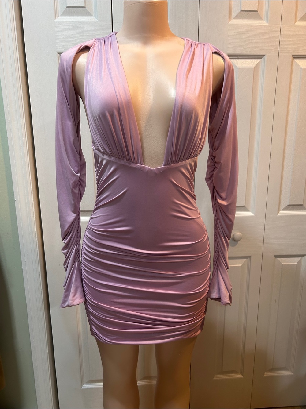 Oh Polly lavender Plunging Ruched Mini Dress